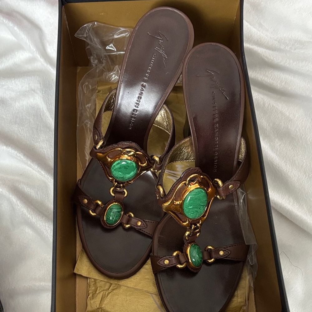 Giuseppe Zanotti Dark Brown Sandals with Emerald Green Embellishments